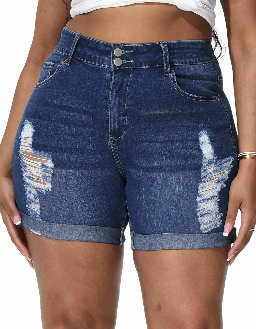 ALLEGRACE Shorts | Allegrace Plus Size Denim Shorts Women High Waisted Ripped Folded Hem Jean Shorts