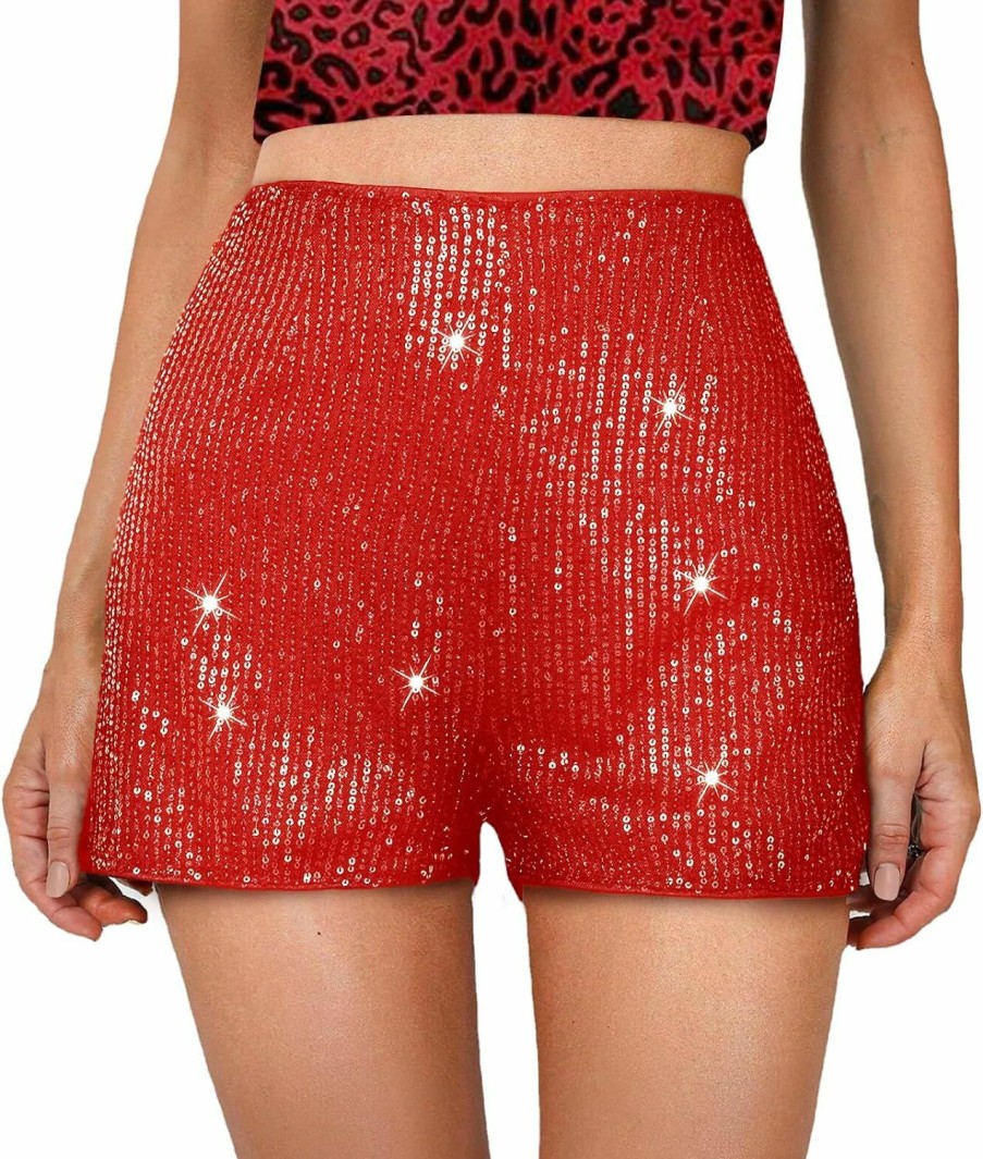 TRCKPOL Shorts | High Waisted Sequin Shorts For Women Elastic Straight Leg Sparkly Glitter Party Shorts