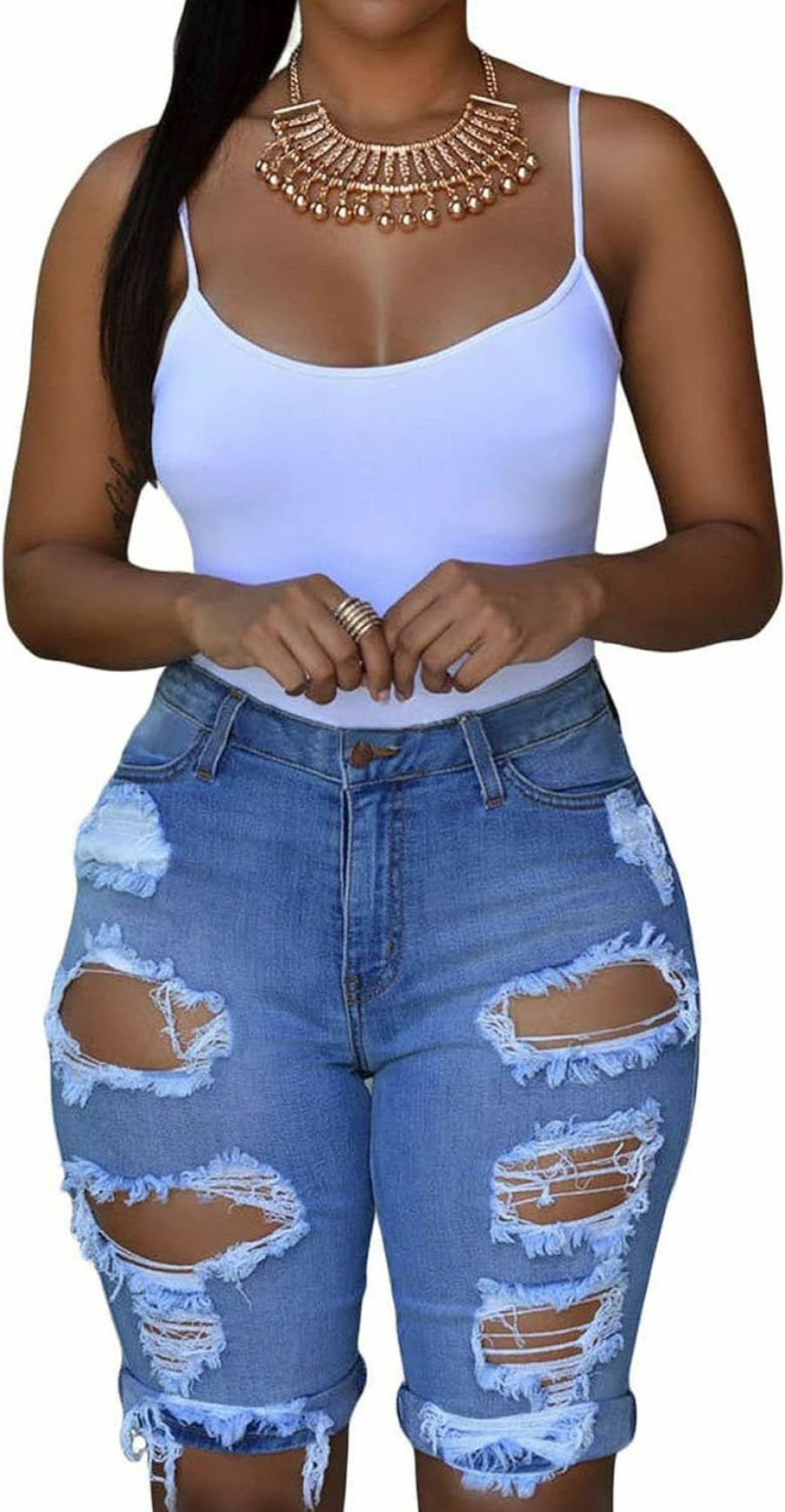 roswear Shorts | Roswear Women'S Ripped Denim Destroyed Mid Rise Stretchy Bermuda Shorts Jeans