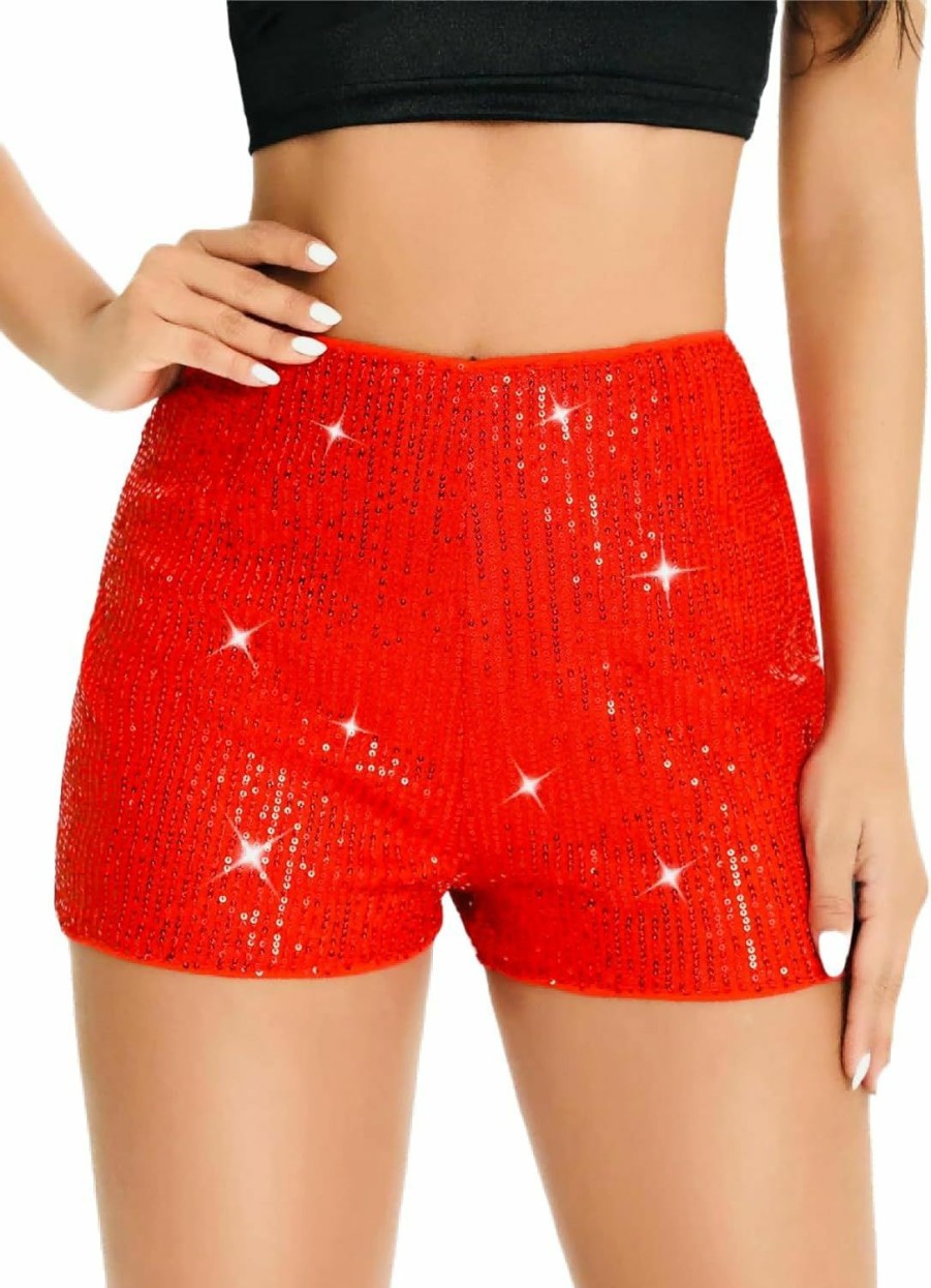 Geynaw Shorts | Sequin Shorts For Women High Waist Elastic Sparkly Straight Leg Shorts Glitter Sparkle Shorts Solid Party Shorts