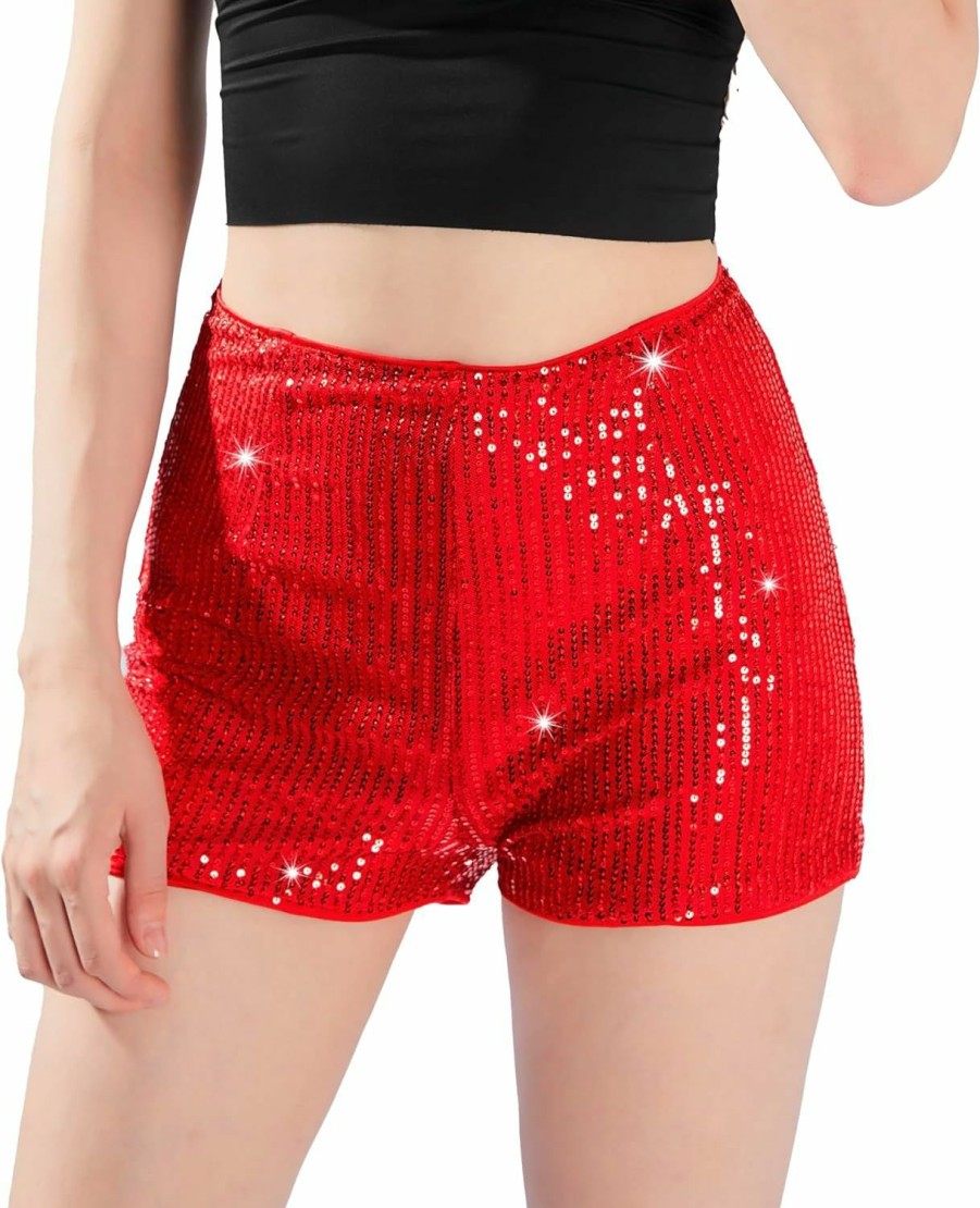 Geynaw Shorts | Sequin Shorts For Women High Waist Elastic Sparkly Straight Leg Shorts Glitter Sparkle Shorts Solid Party Shorts