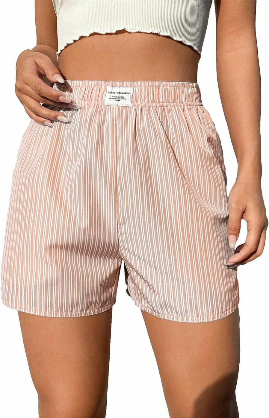 OYOANGLE Shorts | Oyoangle Women'S Summer Casual Striped Print Elastic Waist Mid Rise Straight Leg Shorts