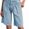 PLNOTME Shorts | Plnotme Womens Summer Jean Shorts Mid Rise Mom Straight Leg Pleated Denim Long Shorts With Pockets