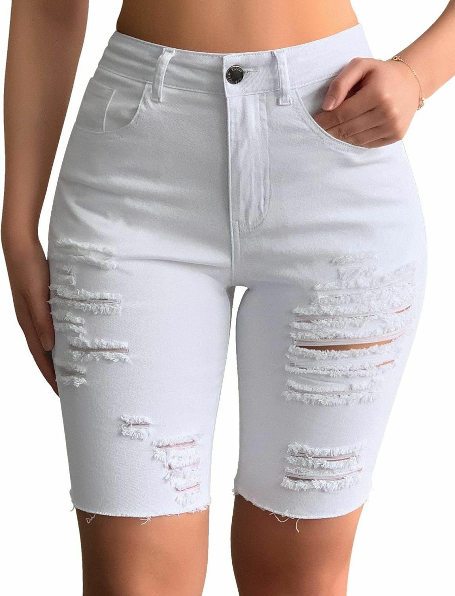 roswear Shorts | Roswear Womens Destroyed Denim Ripped Mid Rise Bermuda Jean Shorts