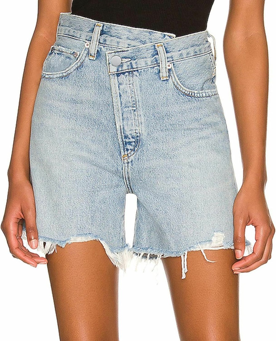 PRETISKY Shorts | Women'S High Waist Criss Cross Short Denim Shorts Stretchy Straight Leg Raw Cuffs Long Jean Shorts Women