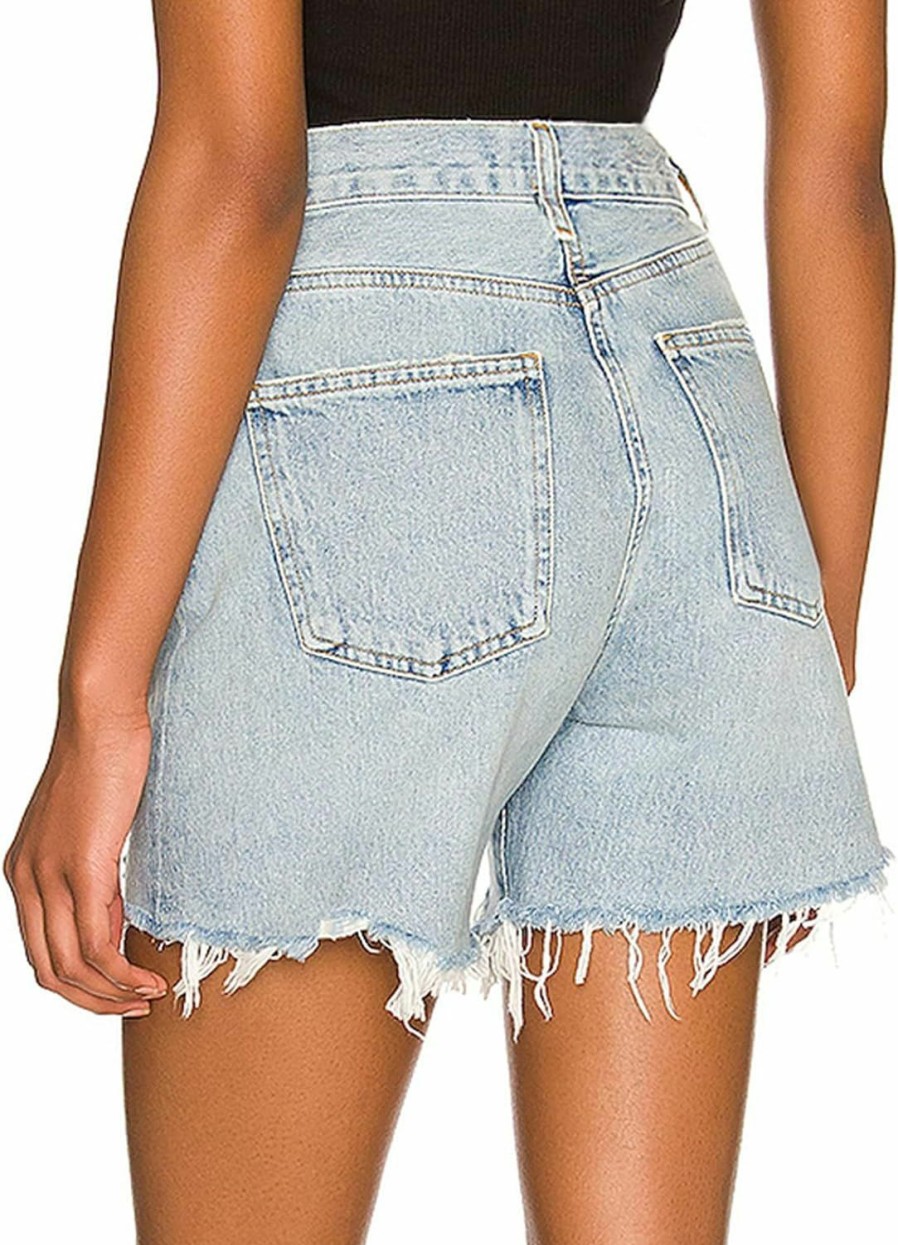 PRETISKY Shorts | Women'S High Waist Criss Cross Short Denim Shorts Stretchy Straight Leg Raw Cuffs Long Jean Shorts Women