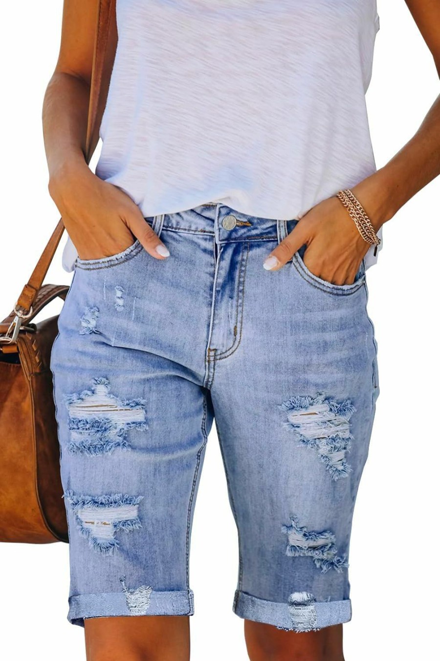 Necooer Shorts | Necooer Women Jean Shorts Ripped Casual Summer Mid Waist Stretchy Five Points Denim Jean Shorts