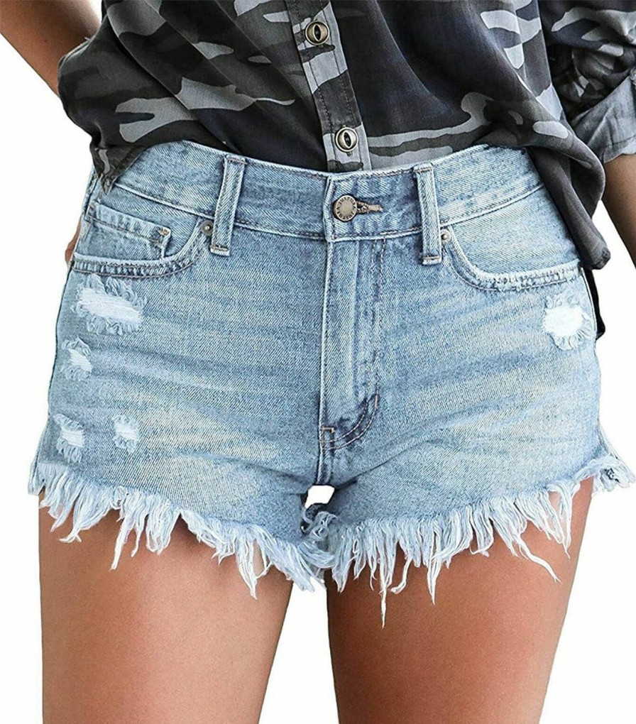 onlypuff Shorts | Onlypuff Women'S Ripped Mid Waisted Denim Shorts With Pockets