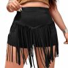 SOLY HUX Shorts | Soly Hux Women'S Plus Size Elastic High Waisted Fringe Tassel Solid Straight Leg Skinny Shorts