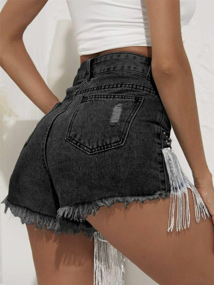 Cyparel Shorts | Cyparel Women Summer Denim Shorts High Waisted Ripped Rhinestone Pearl Beaded Fringe Tassels Frayed Raw Hem Blue Jean Shorts