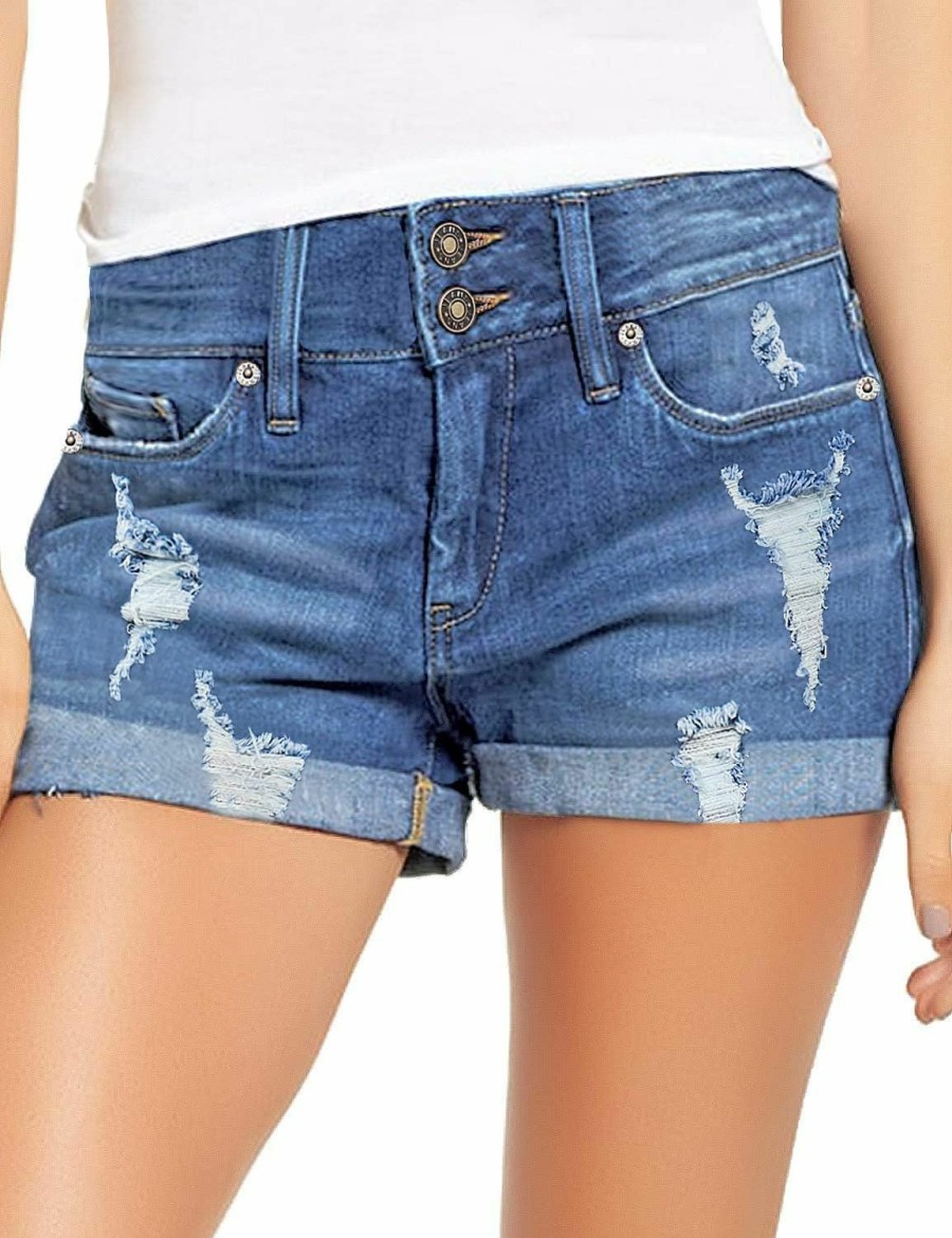 luvamia Shorts | Luvamia Women'S Ripped Denim Jean Shorts High Waisted Stretchy Folded Hem Short Jeans