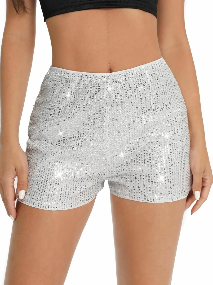 SweatyRocks Shorts | Sweatyrocks Women'S Sequins High Elastic Waist Straight Leg Shorts Solid Glitter Party Shorts