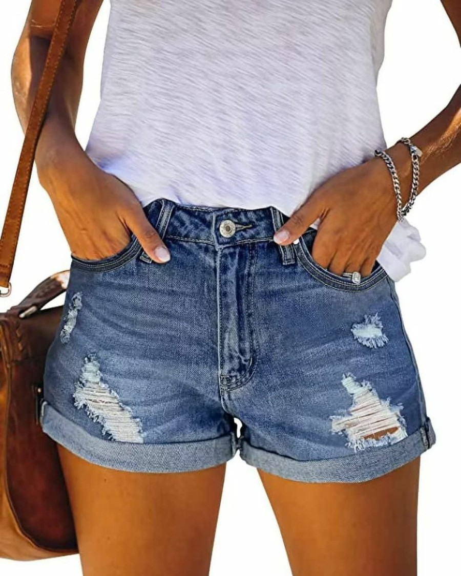 FEKOAFE Shorts | Fekoafe 2024 Womens Casual Mid/High Waisted Denim Shorts Summer Stretchy Ripped Jean Shorts For Women