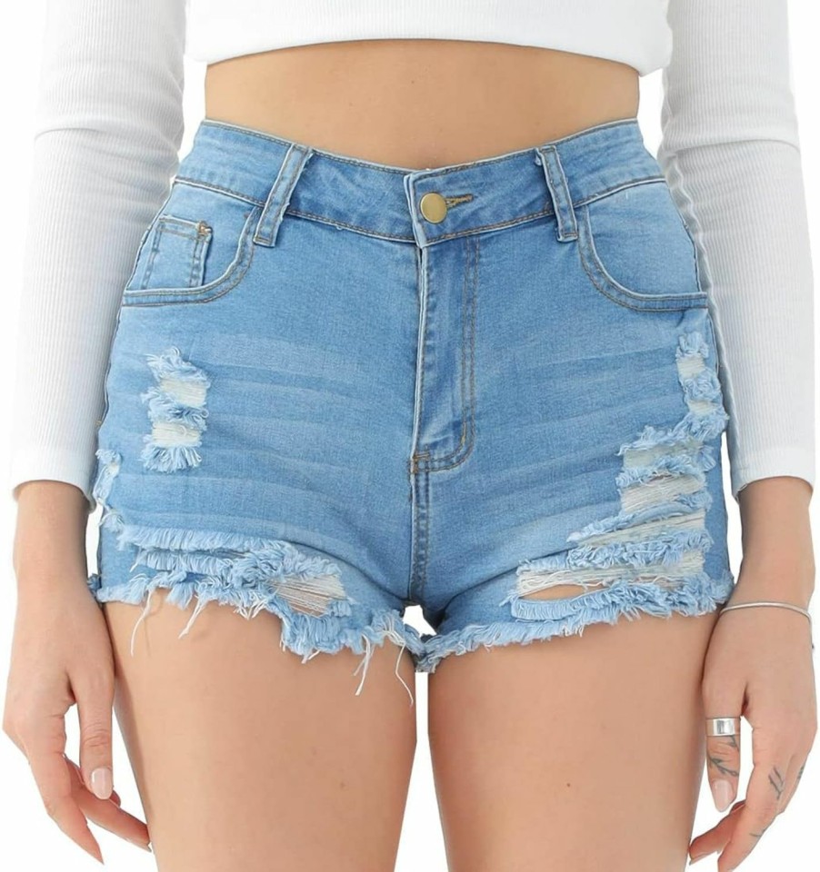 Yyibsones Shorts | Women'S Hole Denim Jeans Ripped Stretchy Denim Shorts Frayed Raw Hem Shorts Jeans