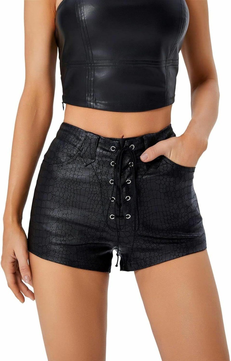 Floerns Shorts | Floerns Women'S Eyelets Drawstring Front High Waisted Solid Leather Shorts